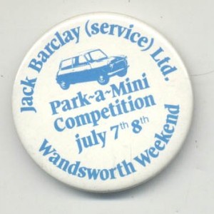 Mini car parking competition 1970s pin badge-promotional for Jack Barclay Wandsworth 